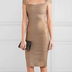 NWT Herve Leger gold “Coraline” bandage dress.